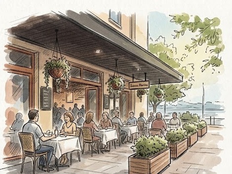 Illustration of diners on the Sienna Marina terrace